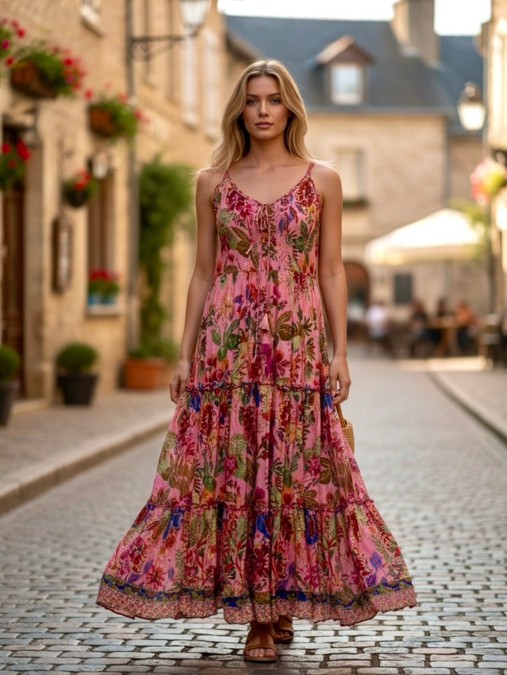 Floral Pink Tiered Maxi Dress - Sleeveless Boho Summer Dress